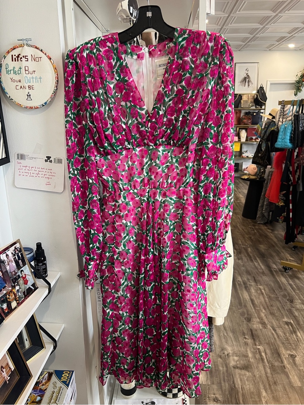 Vintage Floral V-Neck silk Long Sleeve Midi Dress - Fuchsia/Green
